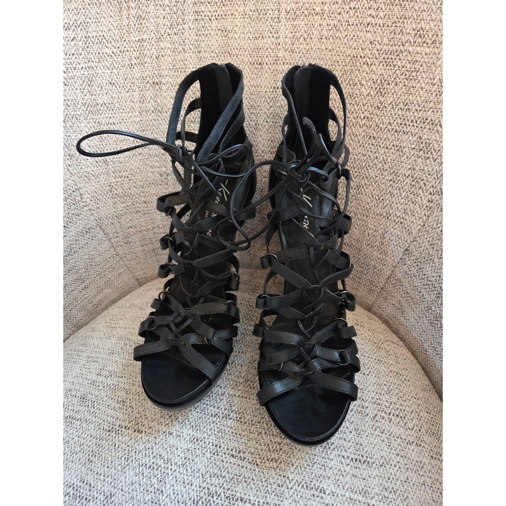 Kenneth Cole New York Grand Stand Black Leather Lace Up Gladiator Sandals 9.5 M